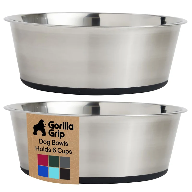 GORILLA GRIP Bols en inox 304 – Lot de 2, 6 tasses chacun (48 oz), Sans BPA, Fond silicone anti-dérapant, Lavable au lave-vaisselle