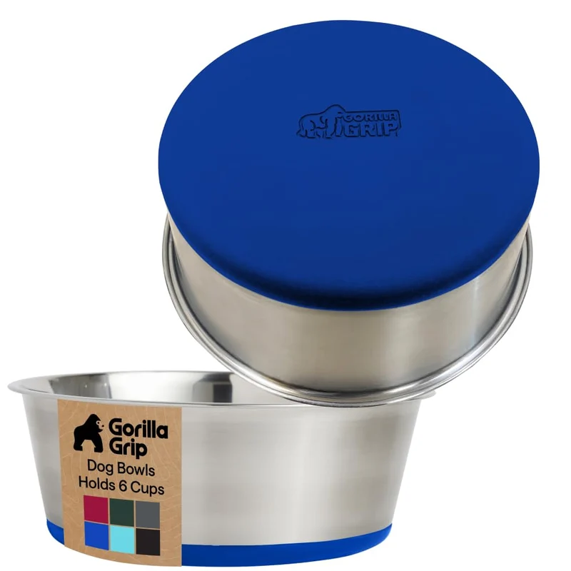 GORILLA GRIP Bols pour chiens et chats en inox 304 – 6 tasses chacun (48 oz) – Set de 2 bleus, base silicone antidérapante, lave-vaisselle
