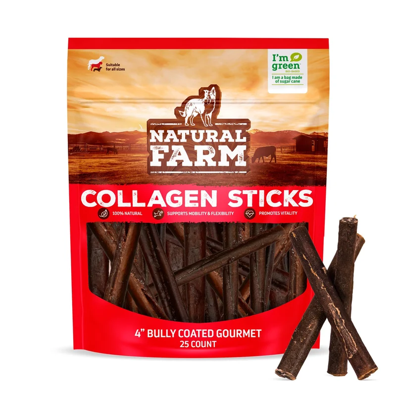 Natural Farm Bâtonnets Gourmet au Collagène – Enrobés de Bœuf (4 po, 25 pièces) – Soutien potentiel des articulations, peau et pelage – Pour petits et moyens chiens