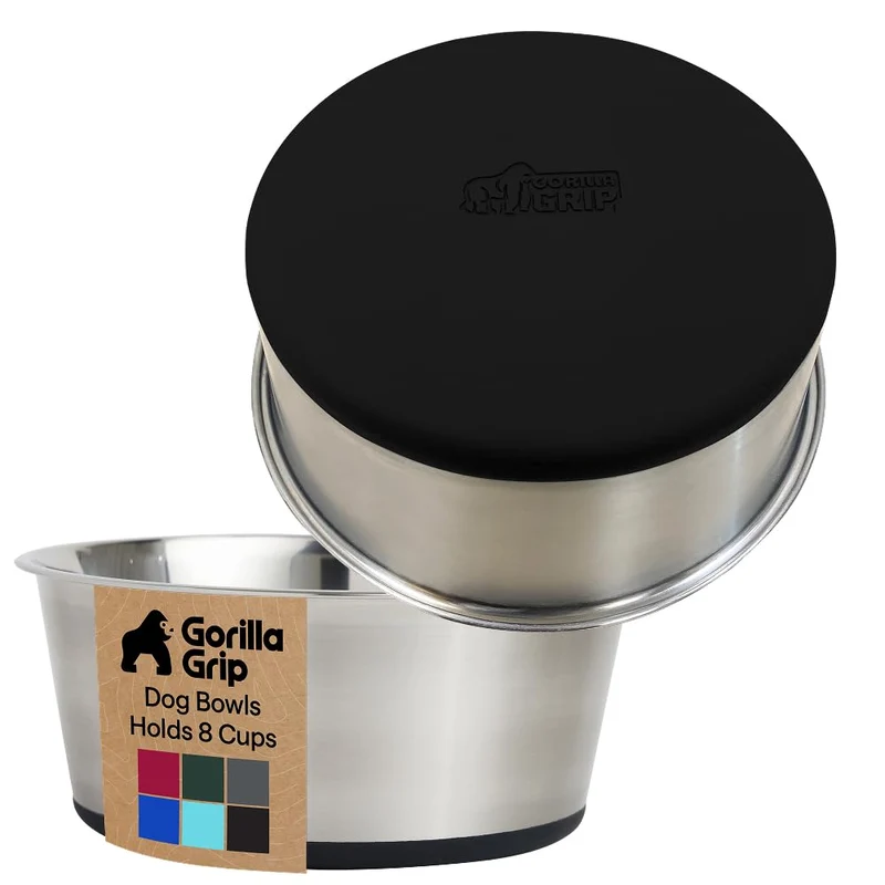 Gorilla Grip – Gamelles chien en acier inox 304, 8 tasses, lot de 2, base silicone antidérapante