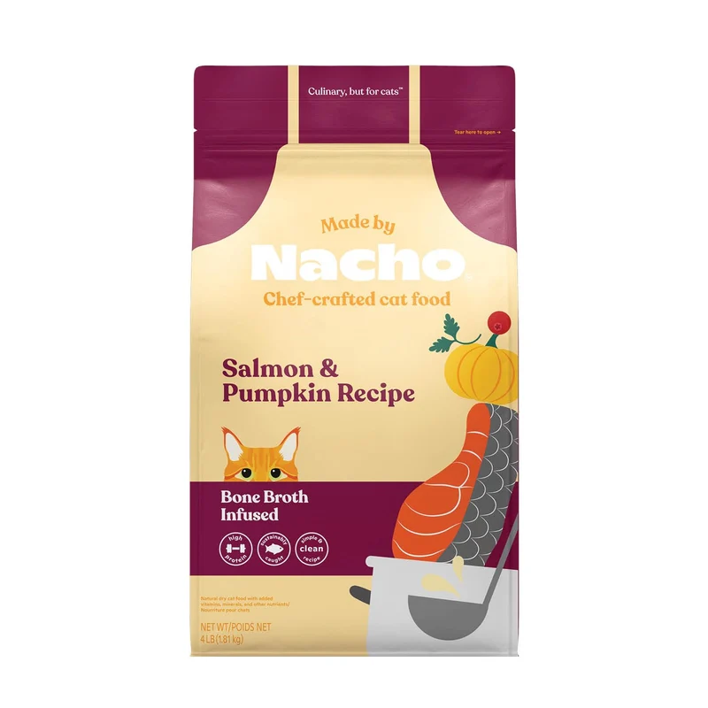 Made by Nacho – Croquettes sèches pour chat 1,8 kg, Haute Protéine, Saumon durable et Potiron, Bouillon d’Os hydratant, Ingrédients limités
