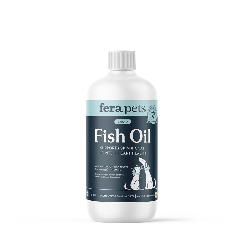 Fera Pets Huile Poisson Omega 3 pour Chiens et Chats – Soutien des articulations, cœur, peau et pelage – Non OGM avec vitamine E – 236 ml