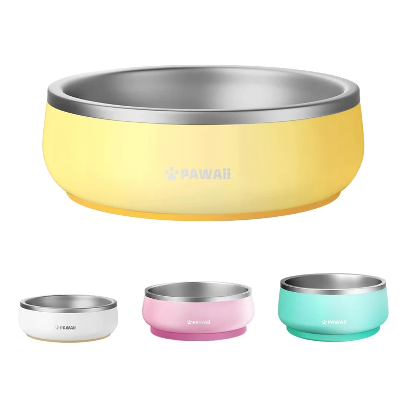 Pawaii Gamelles Petits Chiens et Chats – 12 oz, Inox Double Paroi, Base Antidérapante, Jaune Fromage