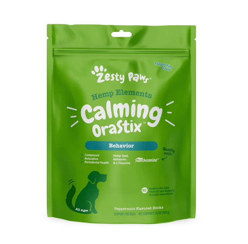 Zesty Paws OraStix pour Chiens — Bâtons Dentaires Calmants avec Hemp, Mélatonine et Camomille (25oz)