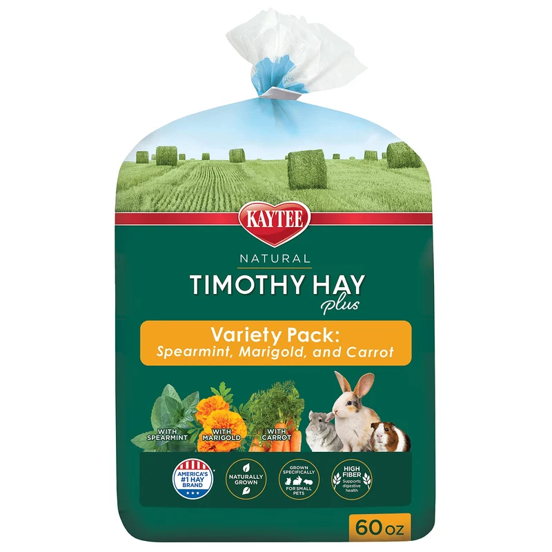 Kaytee Timothy Hay Plus – Pack 3 Saveurs (Menthe Poivrée, Fleur de Souci, Carotte) – 60 oz | Foin Timothy pour Cobayes, Lapins et Petits Animaux