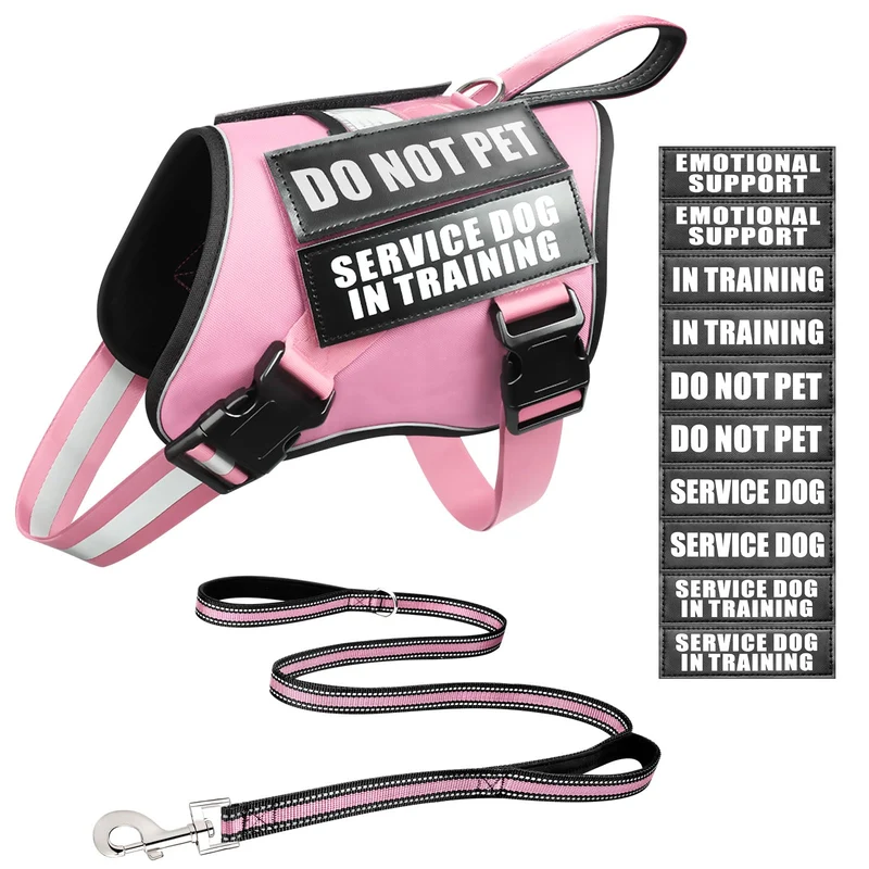 MOOGROU Harnais Chien Service sans Traction + Longe 5 Pieds — Patchs 10 (Rose, Taille S)