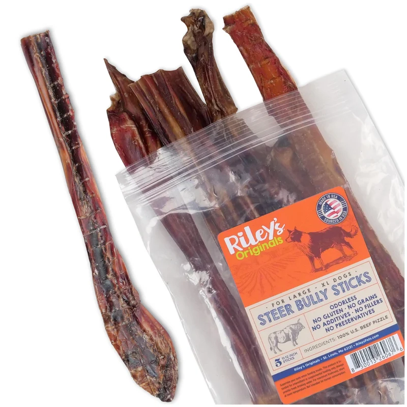 Riley's Steer Bully Sticks – Grands à XL chiens, 12 pouces, 5 pièces, 100% bœuf, sans odeur
