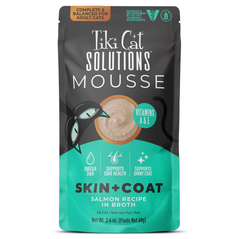Tiki Cat Solutions Mousse Skin & Coat – Saumon, Oméga, Aliment humide pour chats adultes, 12 sachets de 2,4 oz