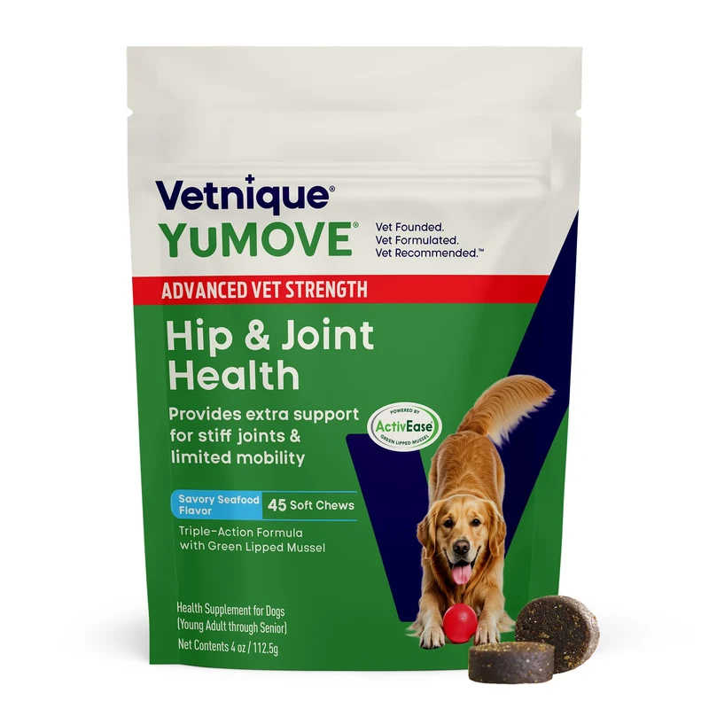 YuMOVE – Complément articulaire pour chiens : glucosamine, acide hyaluronique, moule à lèvres vertes et oméga-3 – force régulière ou avancée (45 comprimés)