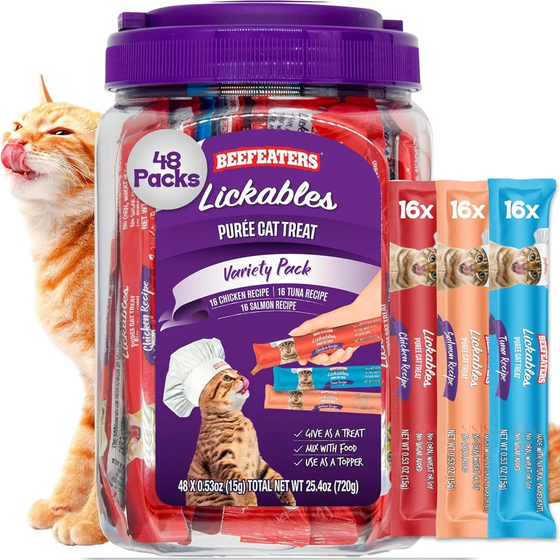 Beefeaters Friandises Humides pour Chat – Pack Purée 48 Tubes: Saumon, Thon, Poulet – Hydratation et Taurine, Sans Céréales