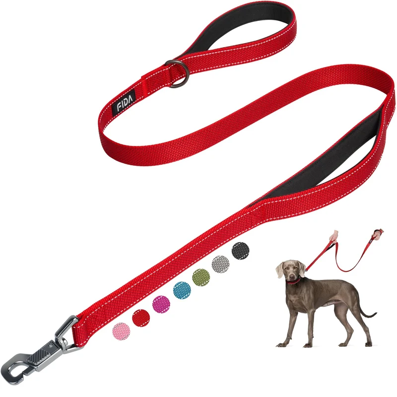 Fida Longe 4 Pieds Lourde – 2 Poignées Rembourrées, Crochet Facile, Réfléchissante – Pour Chiens Grands/Moyens/Petits (Rouge)