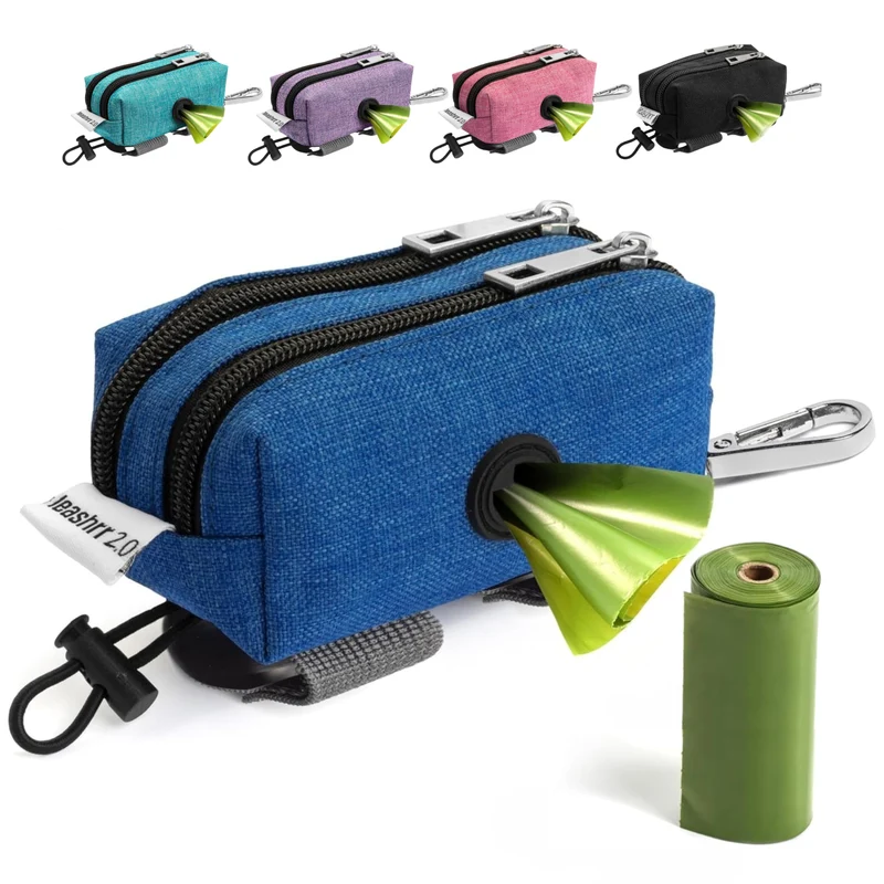 Leashrr 2.0 – Porte-sac de déjections et range friandises pour laisse – 2 poches étanches + 1 rouleau offert – Bleu