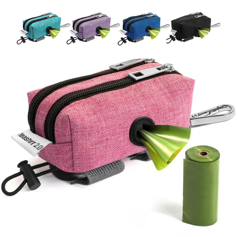 Leashrr 2.0 – Porte-sacs crottes et poches de rangement Rose | 2 poches imperméables + rouleau offert