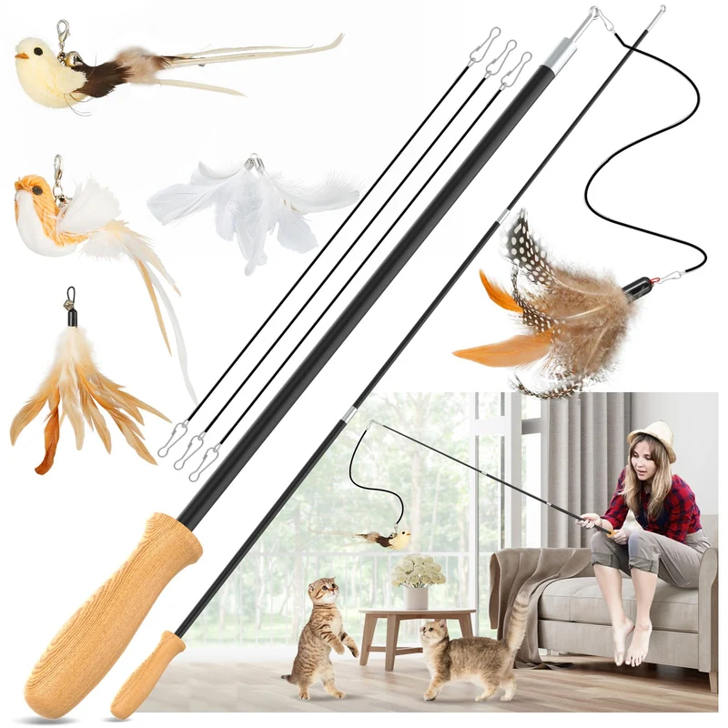 ROSAUI Jouet Bâton Teaser pour Chat — Jouets d’Oiseaux Interactifs, 42 Pouces, Poignées en Bois Durables