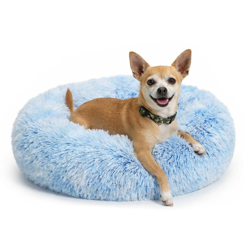 Nononfish – Lit en forme de beignet apaisant pour petits chiens, 19 pouces, bleu dégradé, lavable