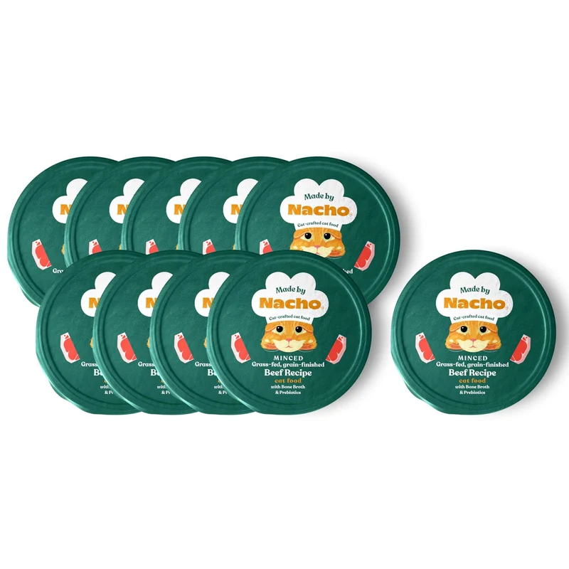 Made by Nacho - Nourriture humide pour chat au boeuf nourri à l’herbe et bouillon hydratant, prébiotiques, haute protéine – cups 2,5 oz (10 paquets)