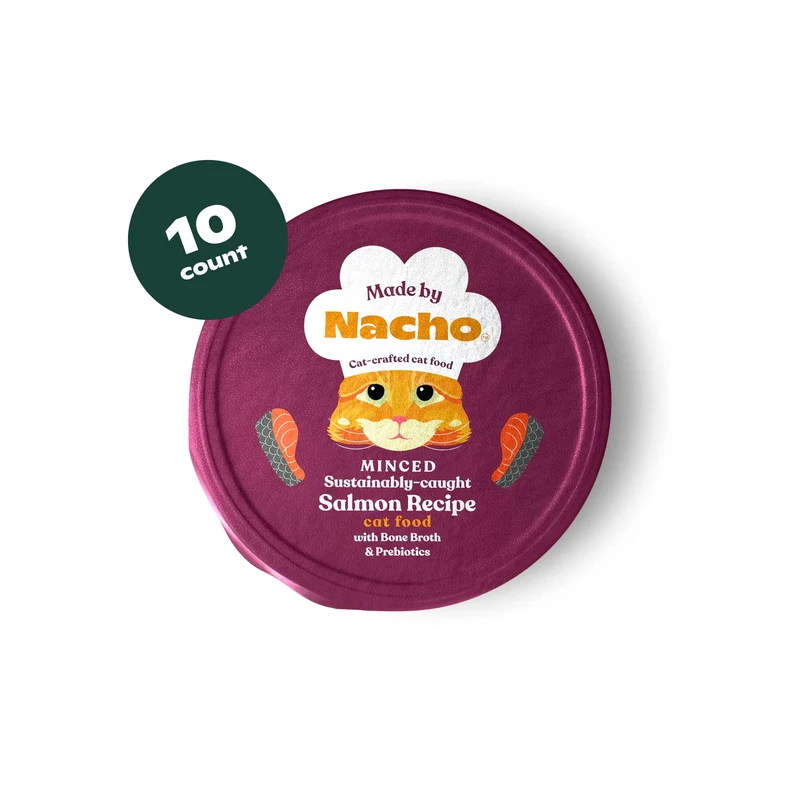 Nourriture humide Made by Nacho pour chat – Saumon haché pêché durablement dans un bouillon d’os, hydratation et santé digestive, haute teneur en protéines, coupes de 2,5 onces (lot de 10)