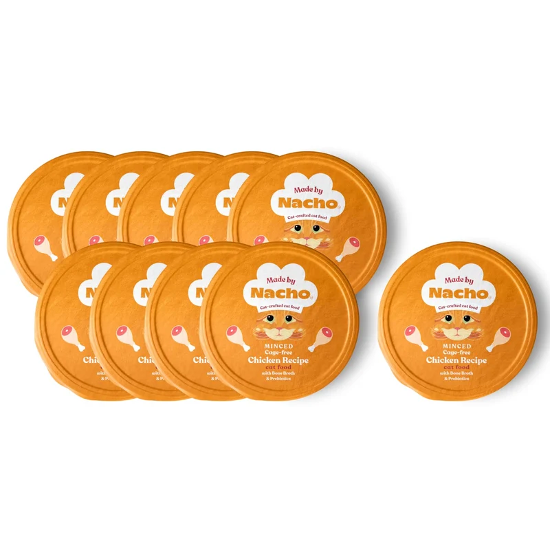 Made by Nacho Nourriture humide pour chat — Poulet haché en bouillon d'os, prébiotiques, protéines élevées, paquet de 10 cuves