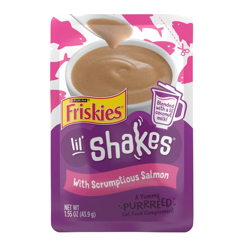 Purina Friskies Purée Chat Lil’ Shakes au Saumon – Friandises à Lécher, Pack 16 sachets 1,55 oz