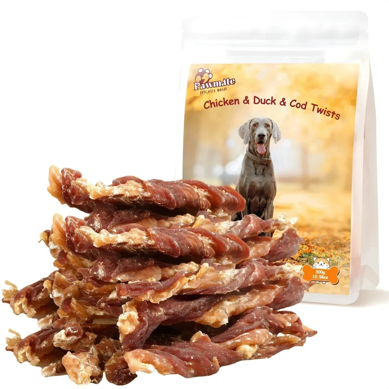 Pawmate Triple Saveur – Bâtonnets Jerky Sans Rawhide et Sans Céréales (Poulet/Canard/Morue), 5'', 10,6 oz
