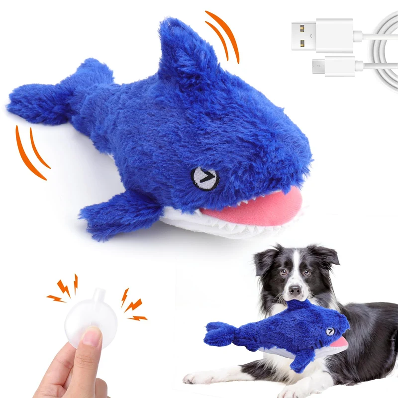 Mity rain 2 en 1 – Jouet interactif pour chien, Requin-Poisson qui bouge et couine, rechargeable