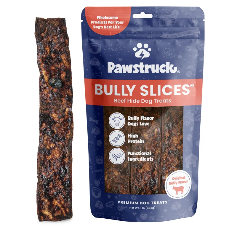 Pawstruck Bully Slices - Tranches de peau de boeuf Saveur Boeuf, Faible Gras et Protéines Élevées - Friandise pour Chiens de Toutes Tailles - Environ 450 g - Emballage Variable