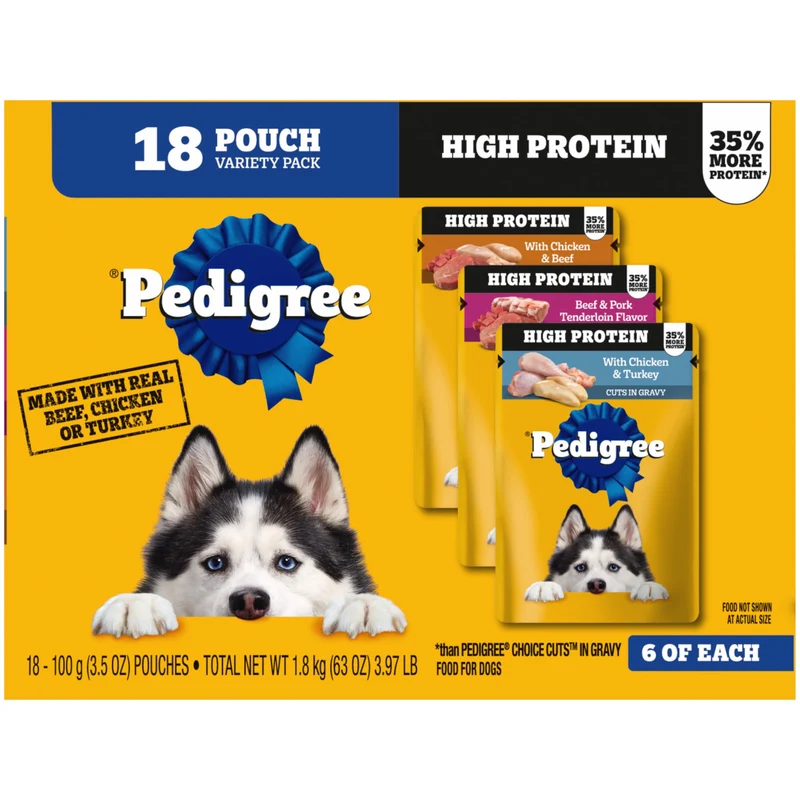 Pedigree Haute Protéine – Nourriture humide pour chien adulte, sachets 3,5 oz – Coffret varié de 18 sachets