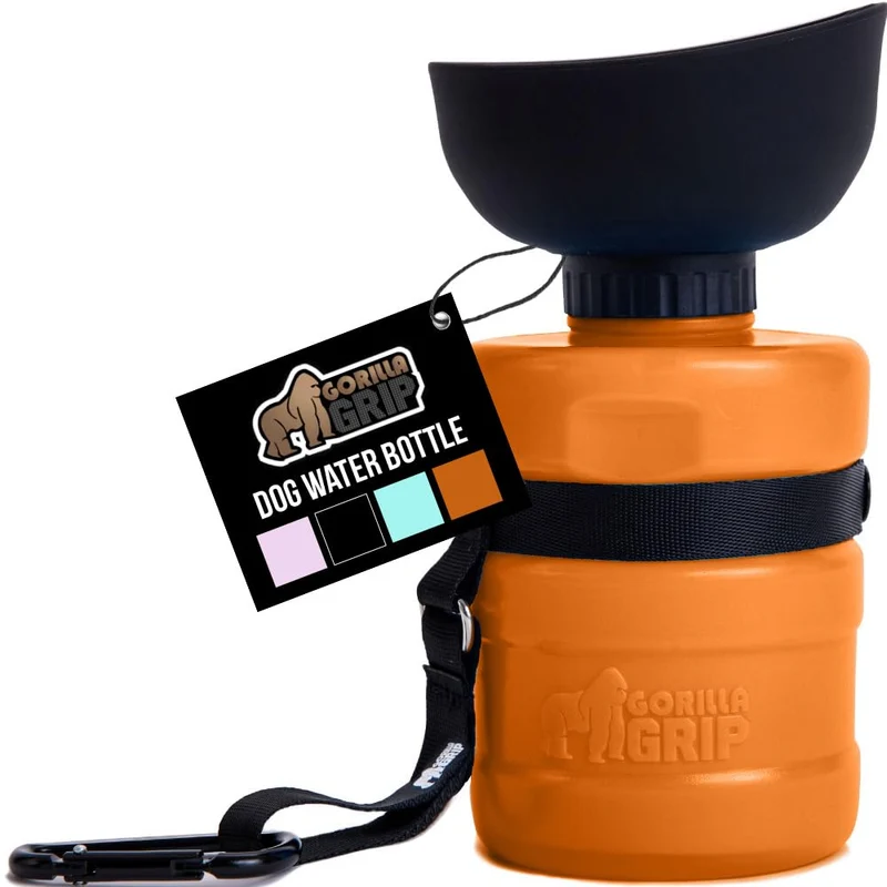 GORILLA GRIP Bouteille d’eau pour chien 20 oz – Distributeur portable avec bol intégré, étanche et silicone alimentaire, orange
