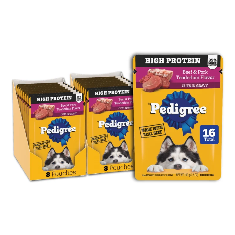 Pedigree Haute Protéine – Pâtée humide pour chien adulte, boeuf & porc en sachets, 16 x 3,5 oz