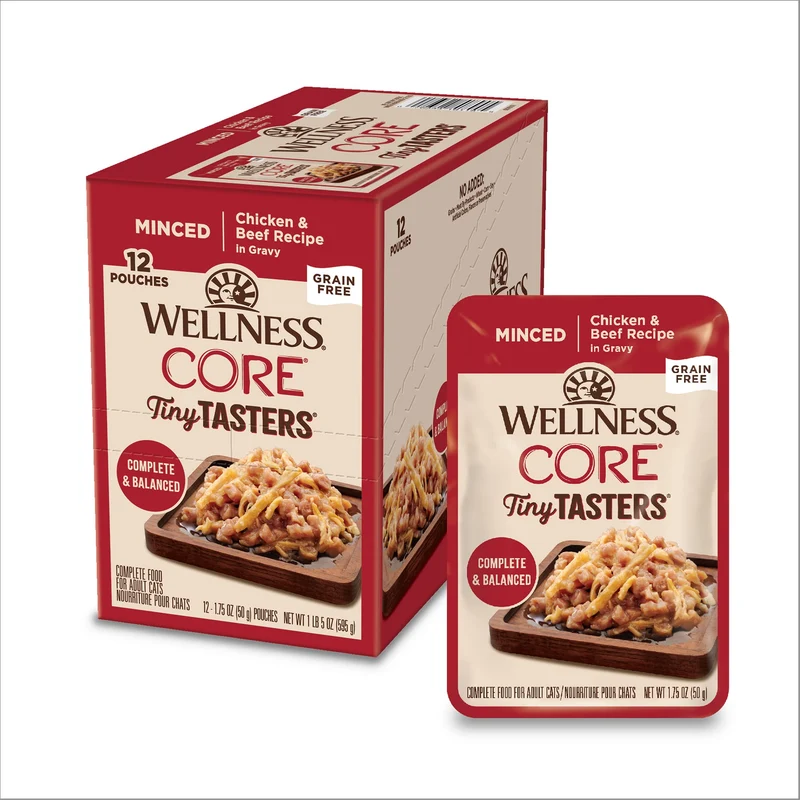 Wellness CORE Tiny Tasters Minced – Pâtée humide pour chat adulte, poulet & boeuf, sans céréales, 12 sachets de 1,75 oz