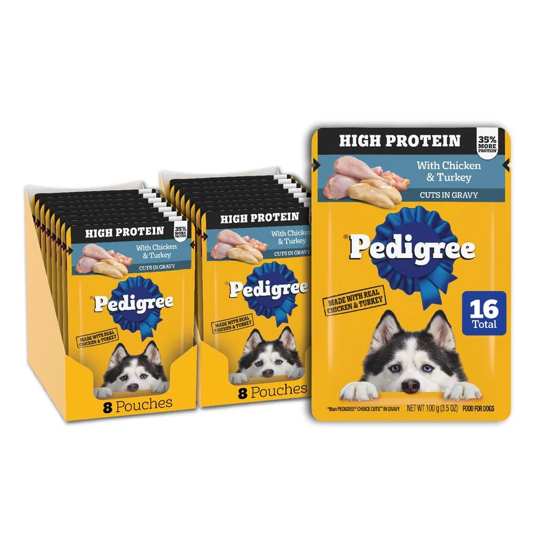 Pedigree Nourriture humide pour chien adulte – Protéine élevée, poulet et dinde, sachets 3,5 onces, 16 sachets