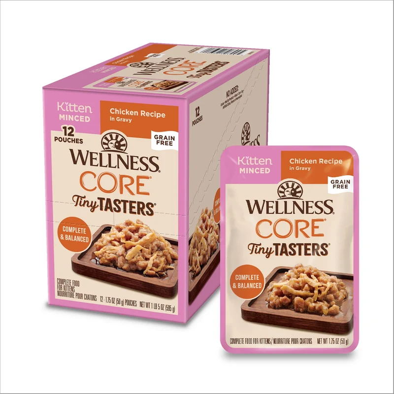 Wellness CORE Tiny Tasters – Nourriture humide chaton au poulet, sans céréales, riches en protéines, 12 sachets 1,75 oz