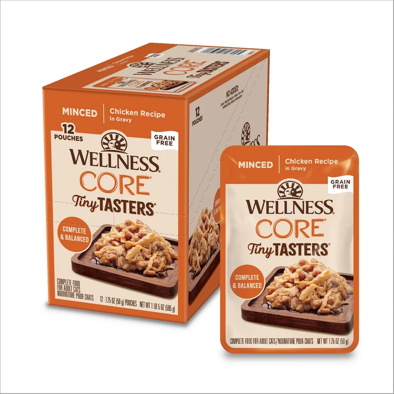 Wellness CORE Tiny Tasters Minced – Nourriture humide pour chats adultes au poulet, sans céréales, 12 sachets de 50 g