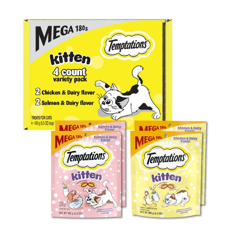 Temptations Friandises pour Chatons – Croquant et Moelleux, Lot de 4 Sachets 6,3 oz (DHA)