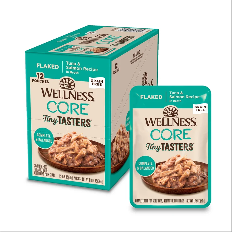 Wellness CORE Tiny Tasters: Alimentation humide pour chat adulte – Thon & Saumon, sans céréales, 12 sachets 1,75 oz