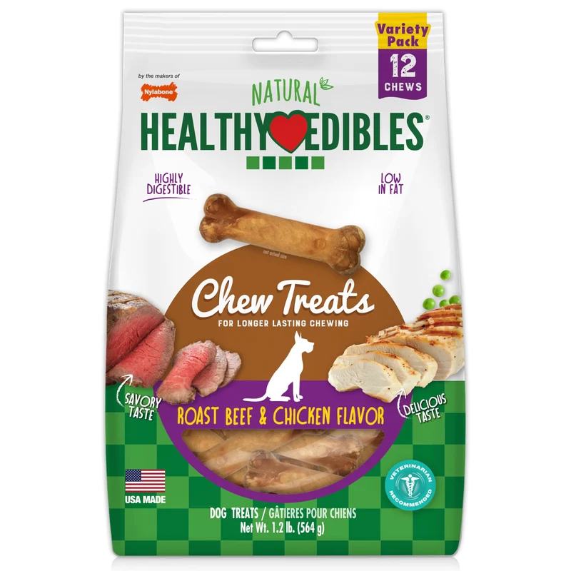 Nylabone Healthy Edibles : Os à mâcher naturels et durables pour petits chiens – Saveurs rôti-boeuf et poulet (12 pièces)