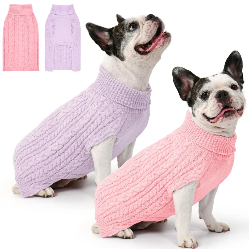 Lorehelina 2 Pack Pulls pour Chien Moyen – Pull col roulé en tricot câble (Rose & Violet)