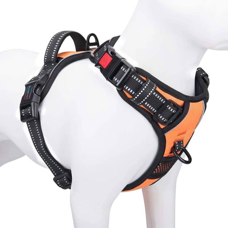 PHOEPET Harnais sans traction pour petits chiens – Clip avant, Poignée, Réfléchissant, 3 boucles, Taille S, Orange