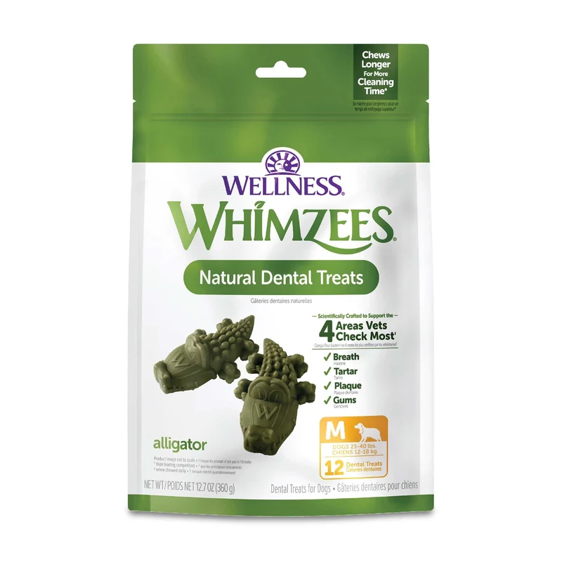 Whimzees Alligator – Friandise Dentaire pour Chiens, Haleine Fraîche, Taille Moyenne (12,7 oz, 12 pièces)
