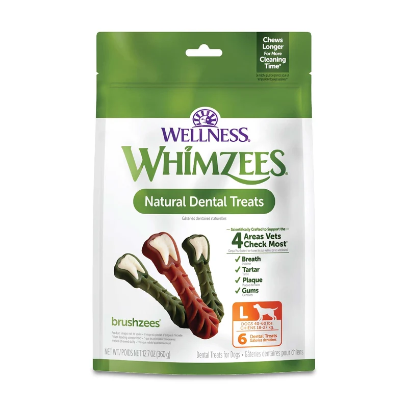 Whimzees Brushzees – Friandises dentaires naturelles pour chiens (VOHC), Grande taille, 12,7 oz, 6 pièces