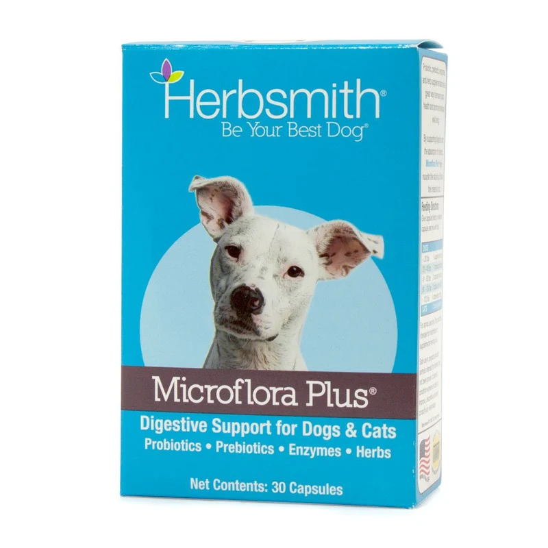 Herbsmith Microflora Plus – Aide digestive pour chiens – Probiotiques, prébiotiques et enzymes – 30 capsules