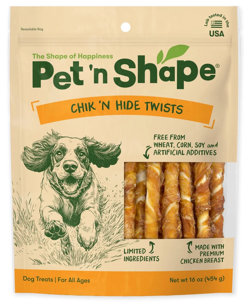 Pet 'n Shape Chik 'n Hide Twists – Friandise naturelle pour chien, poulet enroulé sur cuir brut, format 450 g