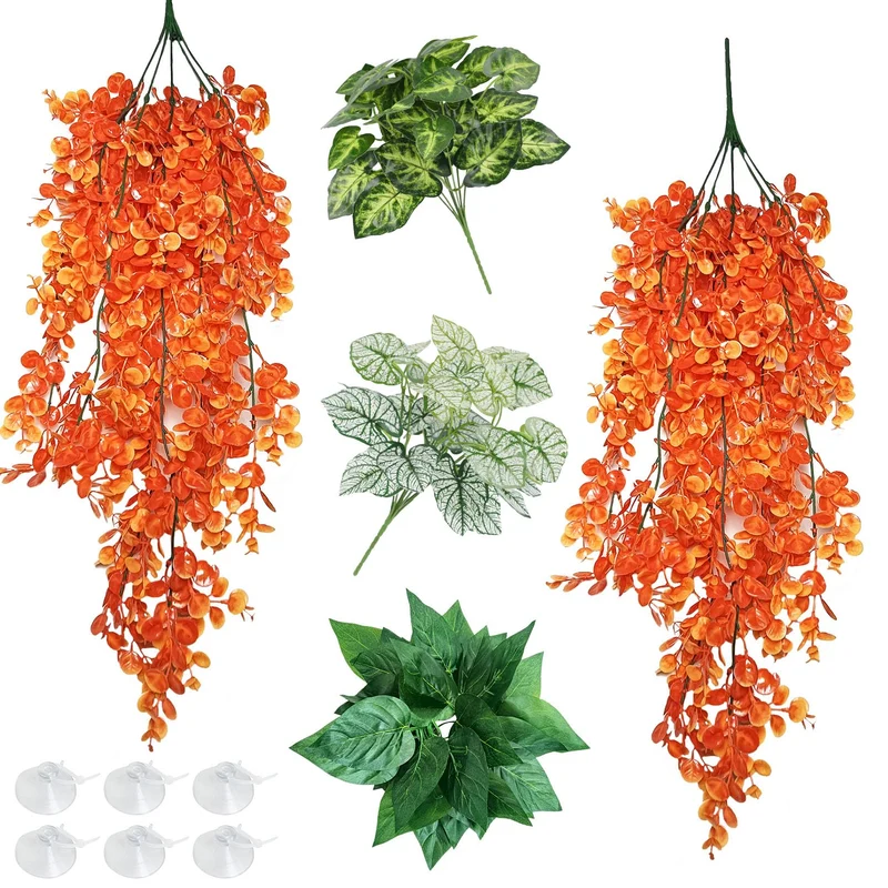 Hamiledyi Plantes Reptiles 5 Pièces – Décor Terrarium Grimpant avec Ventouses (Orange)