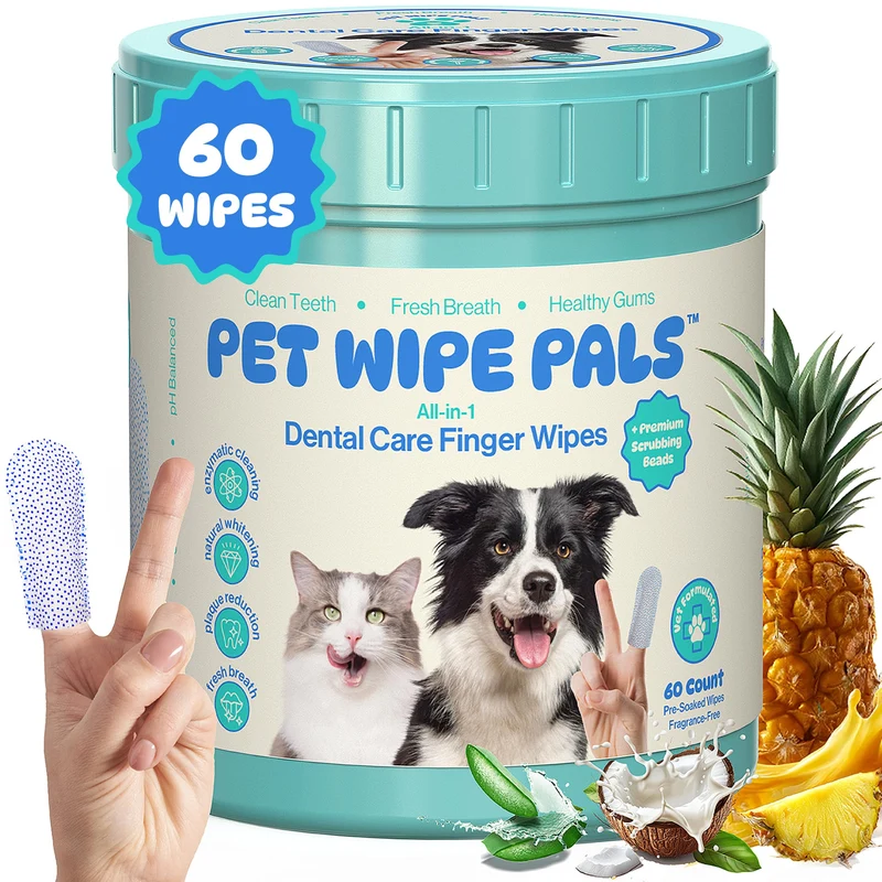 Pet Wipe Pals – Lingettes Nettoyage Dents Tout-en-Un pour Chiens et Chats | Blanchiment enzymatique & Perles micro-gommantes | Kit dents doigts (60 lingettes)