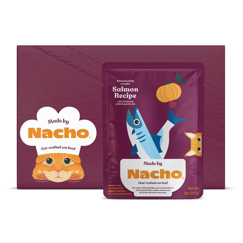 Made by Nacho - Pâtée humide au saumon durable avec bouillon d'os | 12 sachets 3 oz | Ingrédients limités