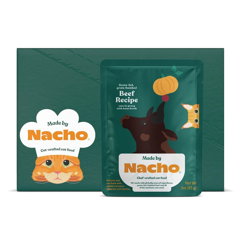 Made by Nacho – Nourriture humide pour chats : Morceaux en sauce, ingrédients limités, bœuf nourri à l’herbe et fini au grain, bouillon hydratant, 12 sachets de 3 oz