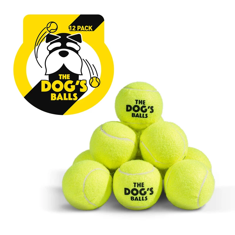 The Dog's Balls – Balles Tennis Jaunes pour Chiens (12-pack), Feutre Non Abrasif, Cœur en Caoutchouc Durable, Flottantes, Lanceurs Standard Compatibles