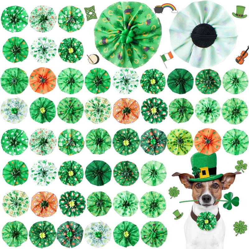 Huhumy - 50 Pieces Noeuds Collier Saint-Patrick pour Chiens et Chats - Motifs Trefle Lutins et Fleurs