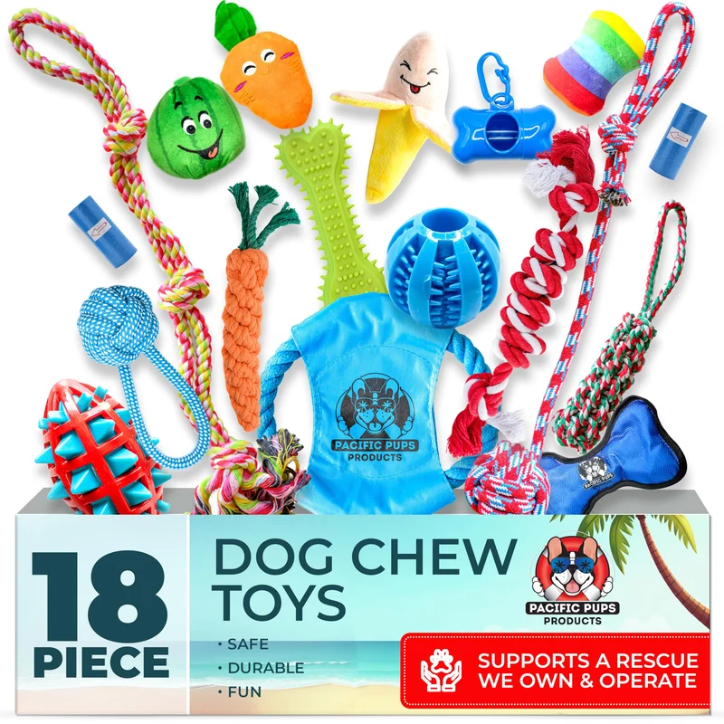 Pacific Pups – Lot de 18 Jouets pour Chiens : Mordiller, Peluches et Corde