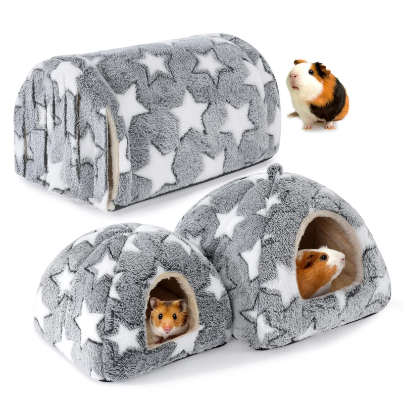 MABOZOO – Coffret 3 Accessoires Cobayes : Maisons Lavables et Tunnel avec Rideaux (Gris‑Étoile)